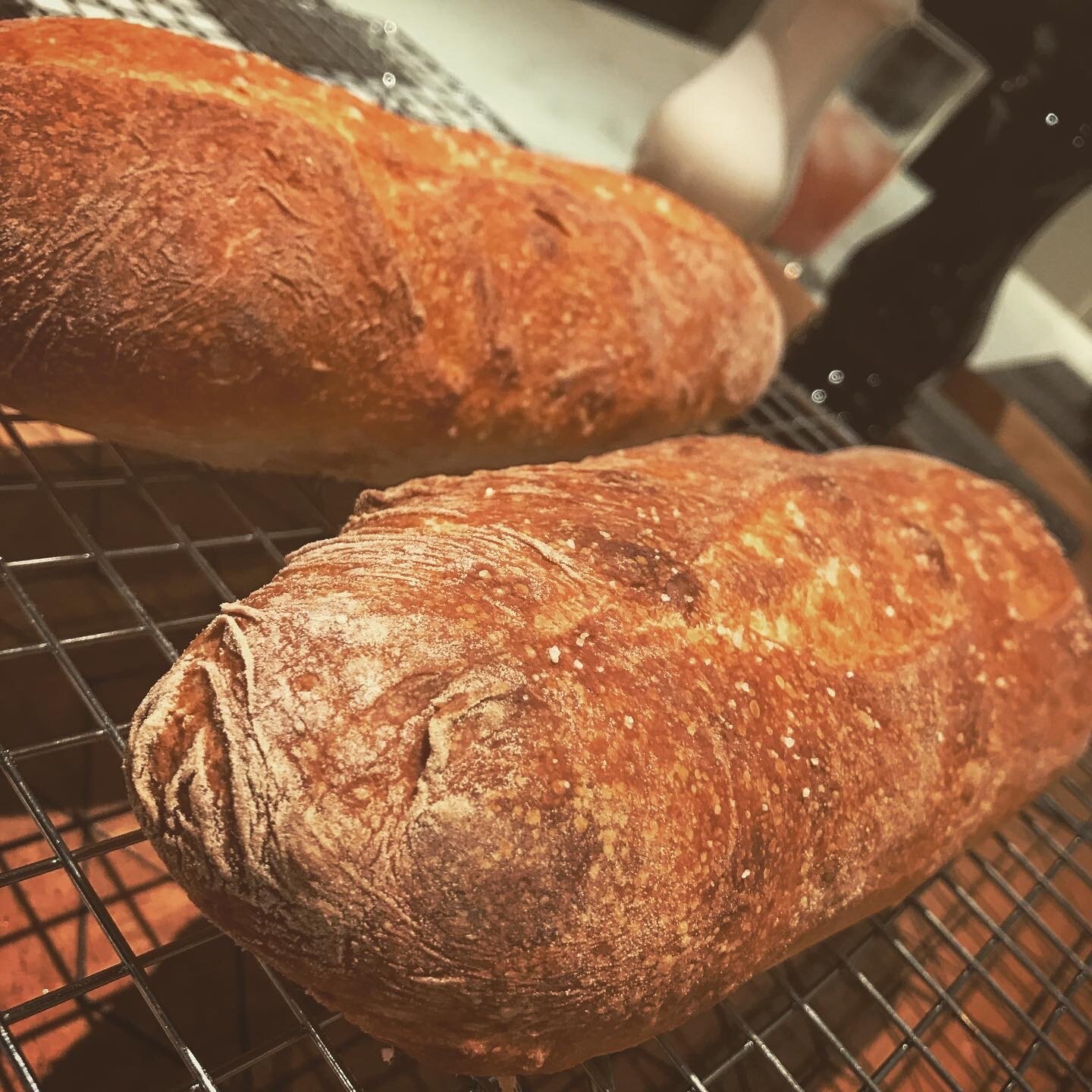 Two rustic loaves of bread, floured and crackled, cooling on a wire rack