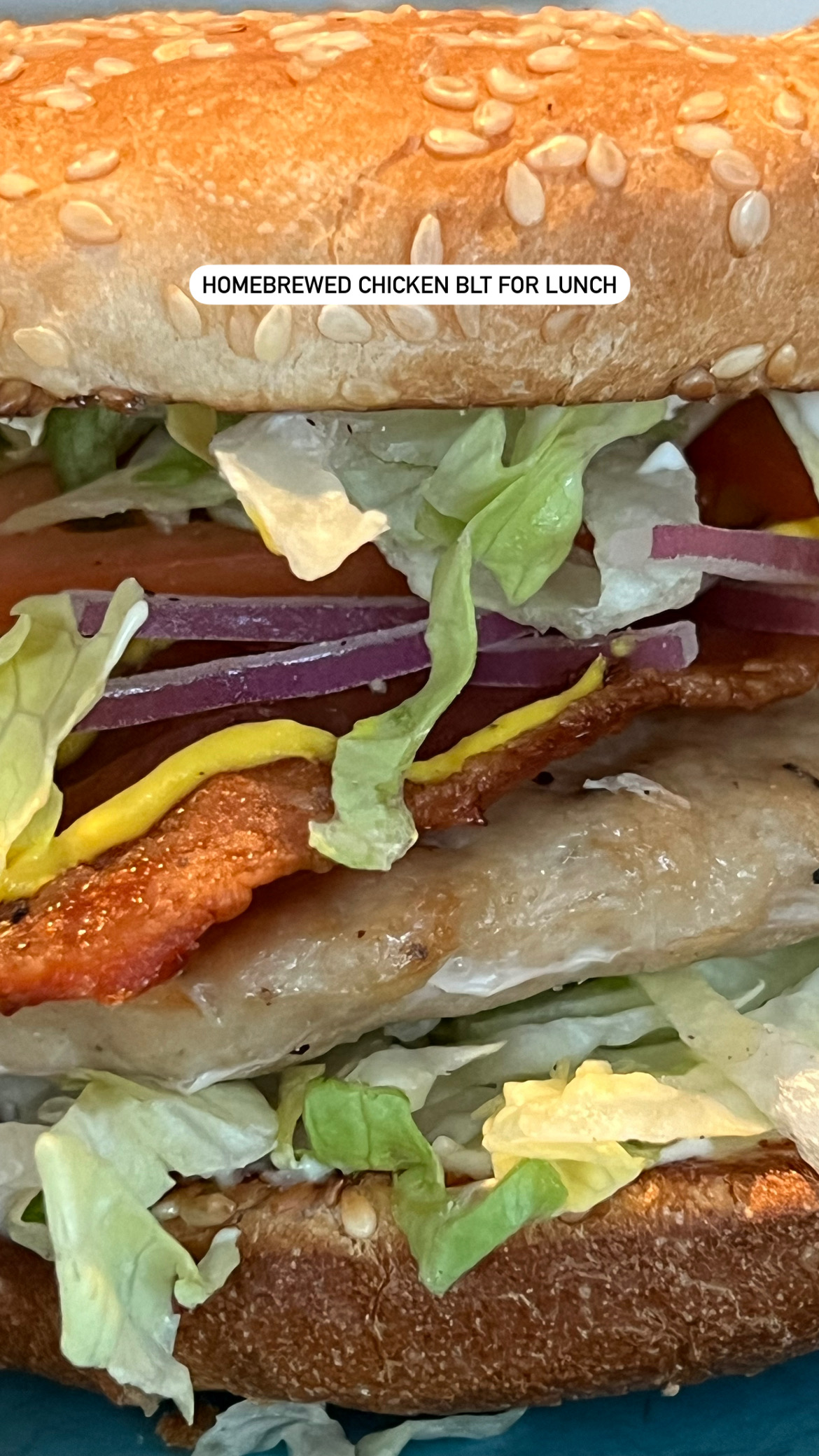 A homebrewed chicken BLT: minced chicken patty, bacon, yellow mustard, red onion, tomato, and shredded lettuce on a sesame bun