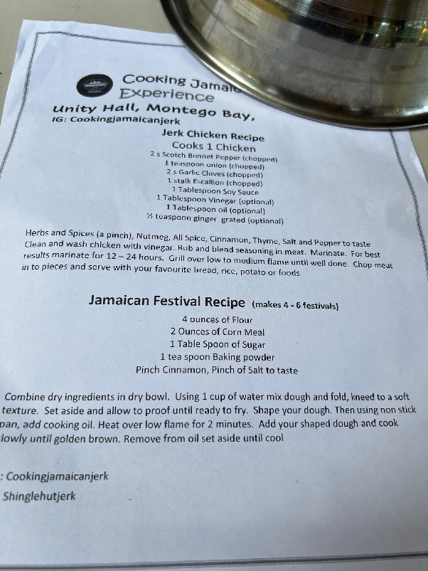 Printed recipe card from Cooking Jamaica Experience, Unity Hall, Montego Bay: jerk chicken and Jamaican festival